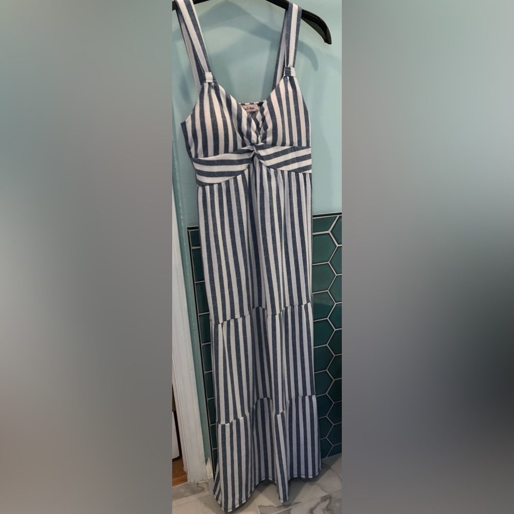 Blue and white striped maxi dress. Brand is Harlow and Rose, size Medium.
